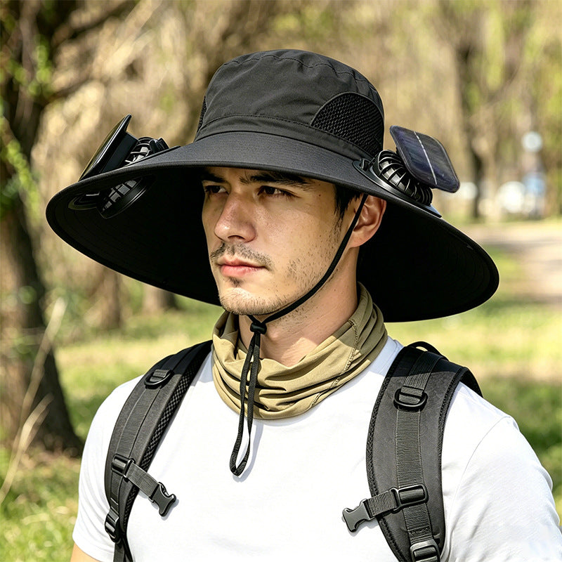 👒Sombrero para el sol con energía solar, doble ventilador, ala ancha transpirable y diseño unisex.