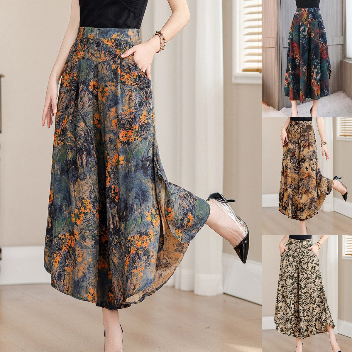 🔥【39%OFF】【XL-5XL】Pantalones de cintura alta, sueltos y adelgazantes con estampado de nueve puntos