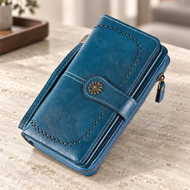 👜 Cartera Vintage de Cuero para Mujer | RFID Antirrobo, Cremallera y Botón a Presión | Larga y Espaciosa 💼