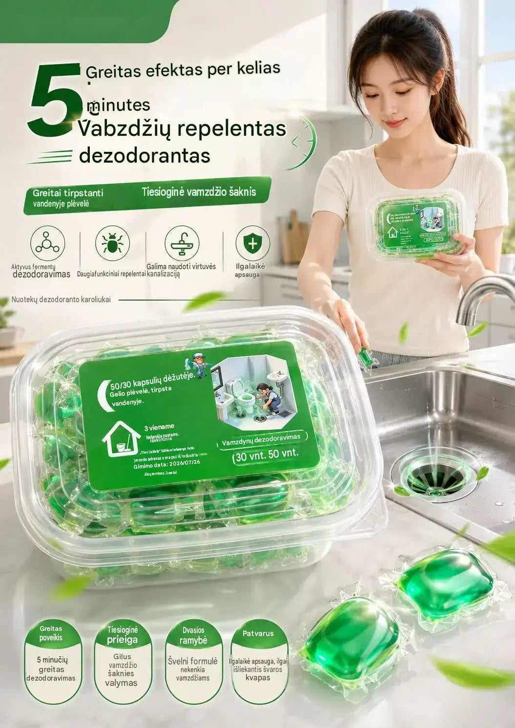 2 pakuotės (100 tablečių) 👍 Vandenyje tirpstančios kapsulės nemaloniems kvapams iš kanalizacijos pašalinti – puikus sprendimas, apsaugantis nuo kvapų plitimo vonios kambariuose ir virtuvėse.