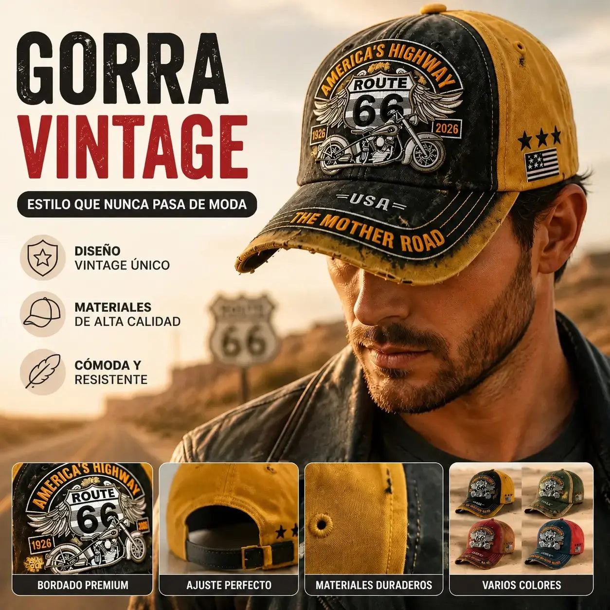 🧢🌟Gorra de béisbol retro ajustable de la Ruta 66, la elección perfecta para los entusiastas del ciclismo.
