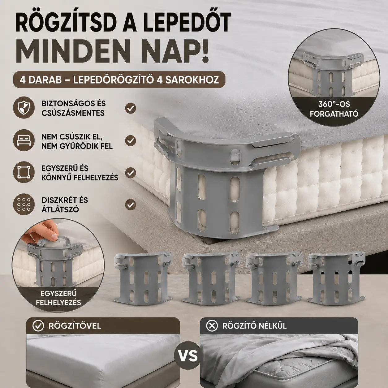 Négy darabos szett 🛏️ Rejtett lepedőcsipeszek négy sarkú szegéllyel - megakadályozzák a lepedők elmozdulását vagy csúszkálását, laposan és biztonságosan tartva őket.