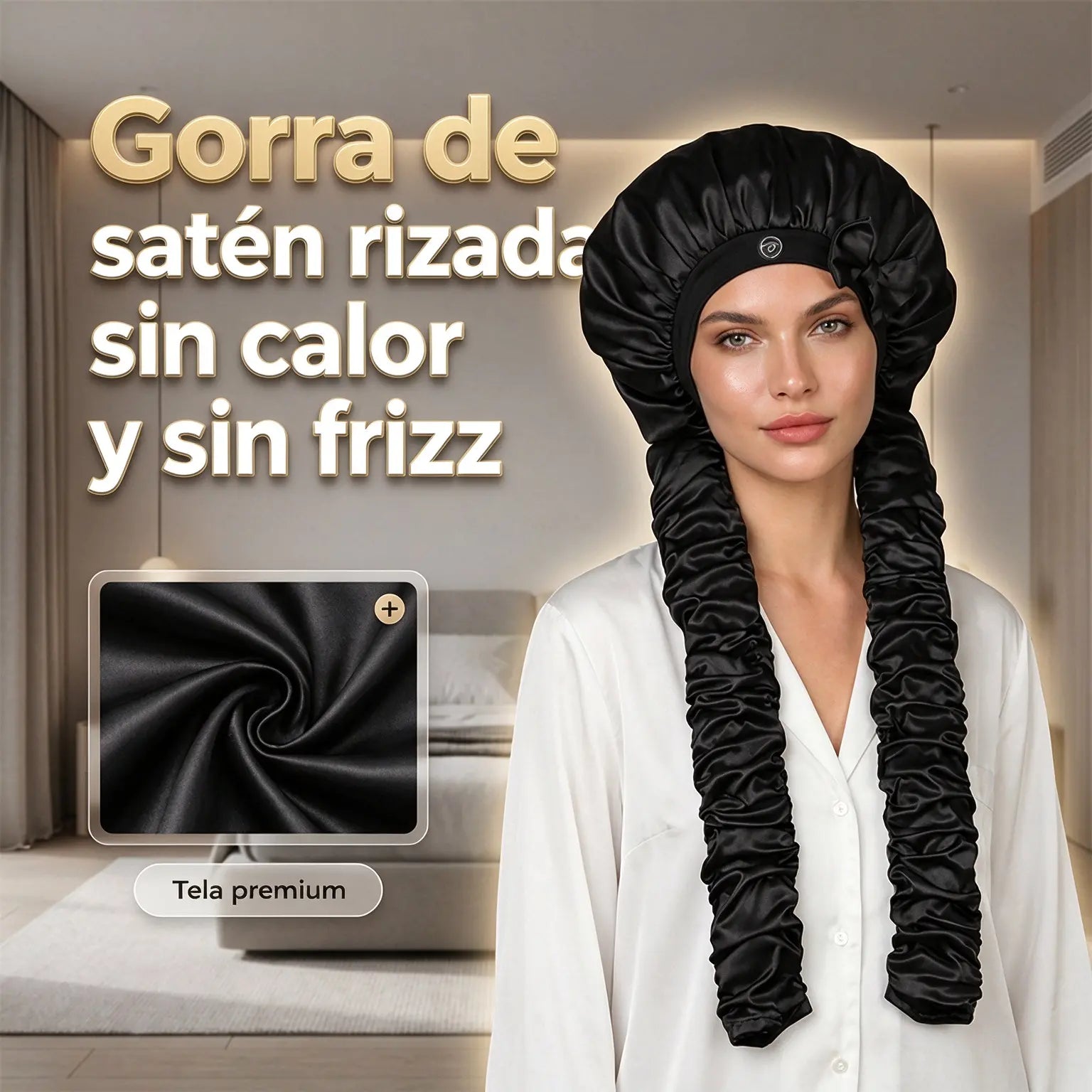 🎀🌙 Gorro de Satén para Dormir con Ondas Sin Calor, Turbante Nocturno Protector para Rizos, Reduce el Encrespamiento y Mantiene la Hidratación ✨