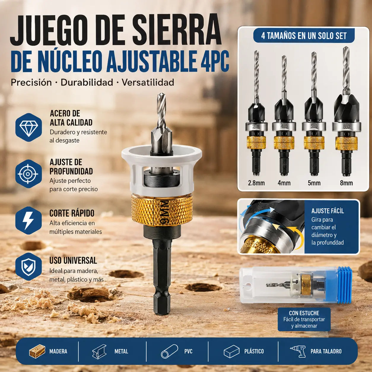 【Tope de profundidad + 4 brocas】🔩 Juego de brocas avellanadoras ajustables | Herramienta profesional para el acabado de tornillos en carpintería
