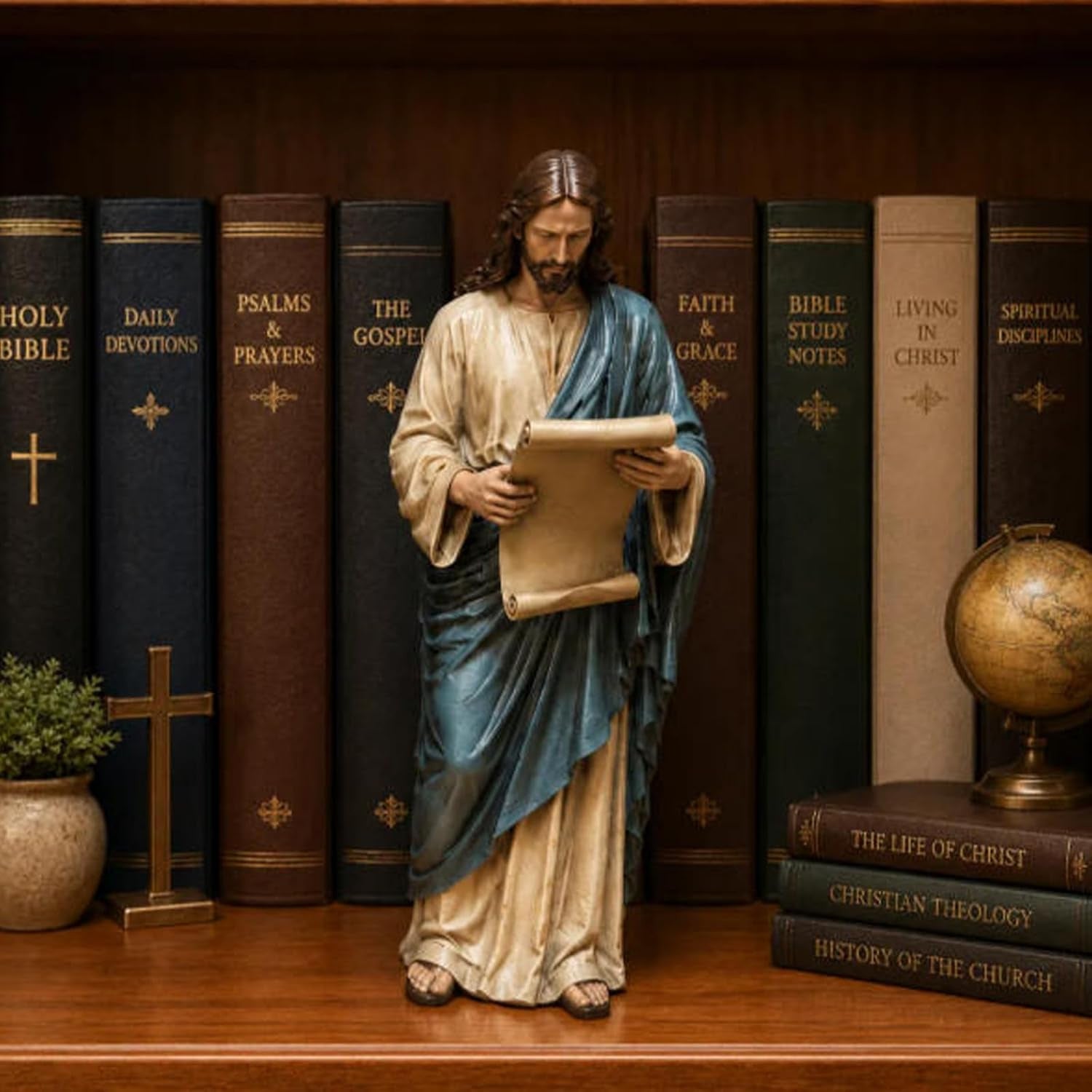 🔥 Último día: 50% de descuento - ✝️Conjunto de decoración de estantería con estatua de Jesús🙏Un compañero sagrado en tu camino diario de fe📚