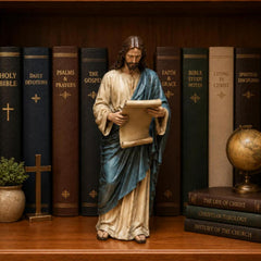 🔥 Último día: 50% de descuento - ✝️Conjunto de decoración de estantería con estatua de Jesús🙏Un compañero sagrado en tu camino diario de fe📚