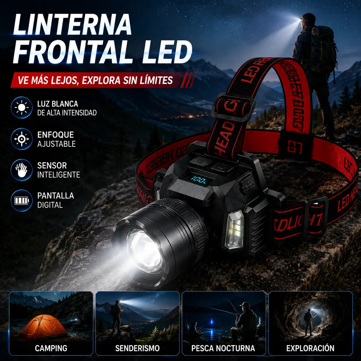 📢📢 ¡50% de descuento! ⏰ Linterna frontal recargable de cuatro fuentes con sensor