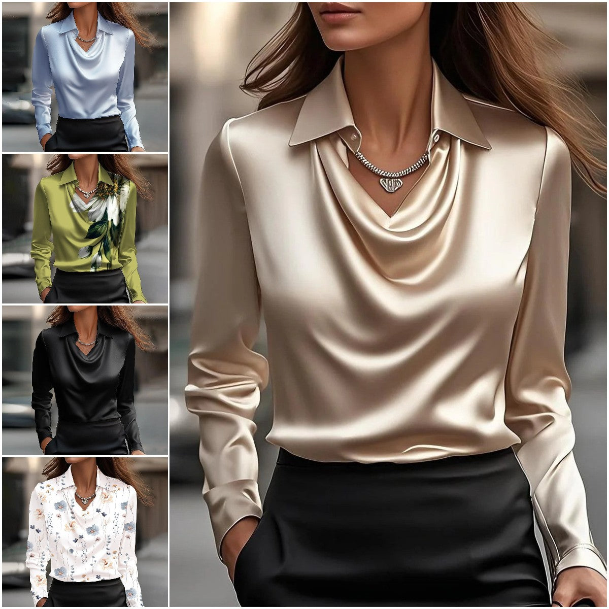 🔥【Especiales de otoño】✨Camisa lisa de mujer con estampado y cuello vuelto