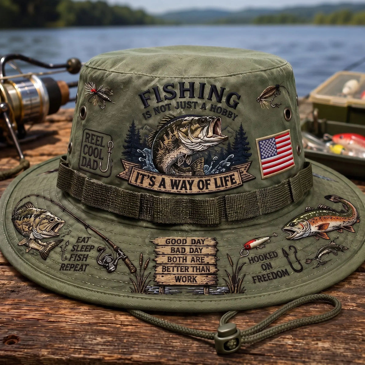 🎣Sombrero de pescador retro, decorado con un estampado de lubina y elementos de exterior, transpirable y con protección solar.