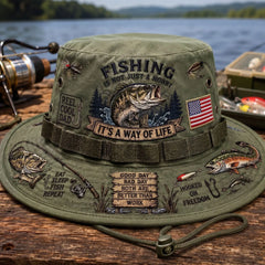 🎣Sombrero de pescador retro, decorado con un estampado de lubina y elementos de exterior, transpirable y con protección solar.