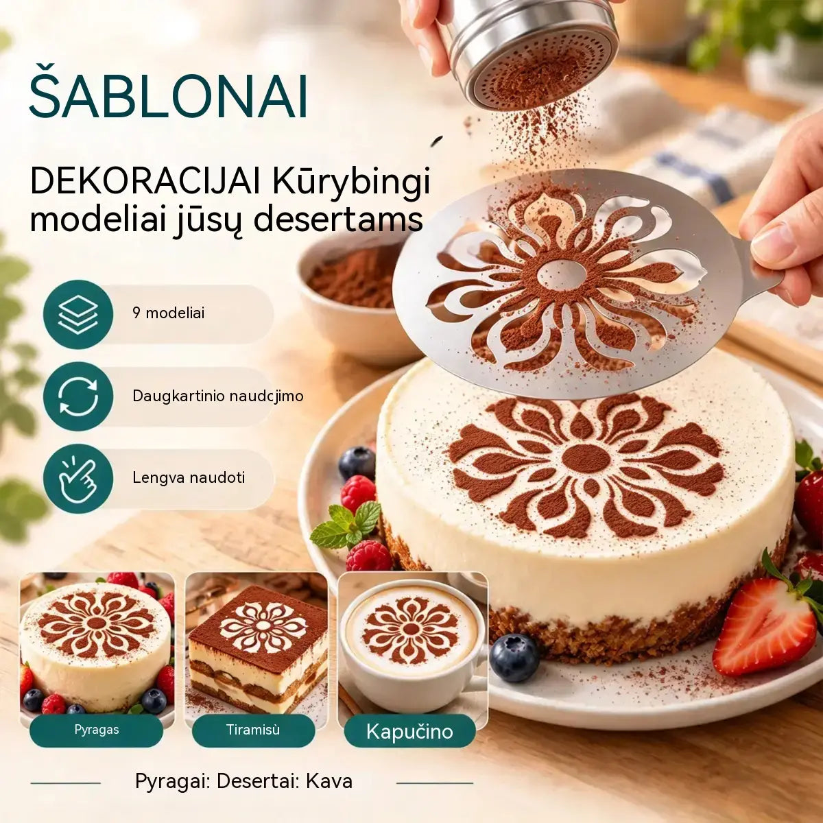 ☕ Nerūdijančiojo plieno trafaretas „latte art“ piešiniams