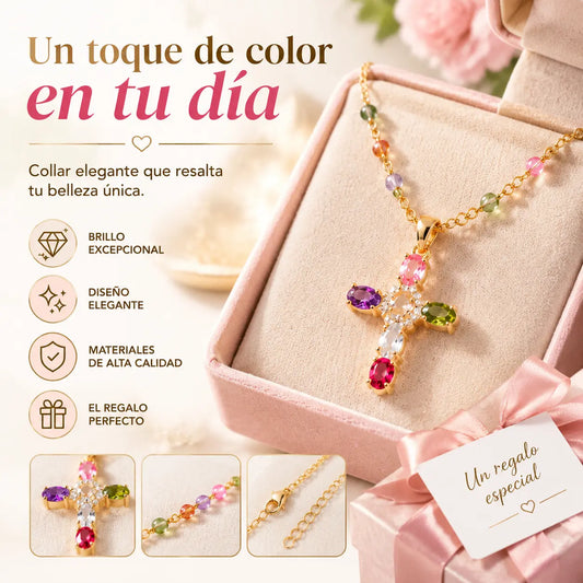 👍🥰🥰 Collar con cruz de circonitas de colores. Incluye un precioso joyero.