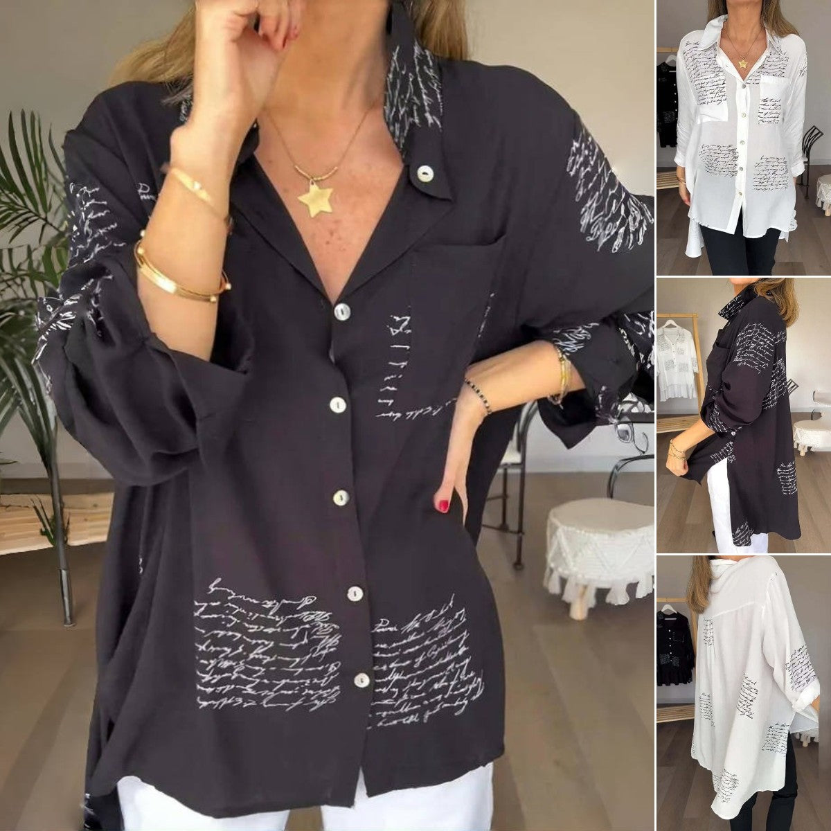 🎁Camisa con solapa a la moda con estampado de letras