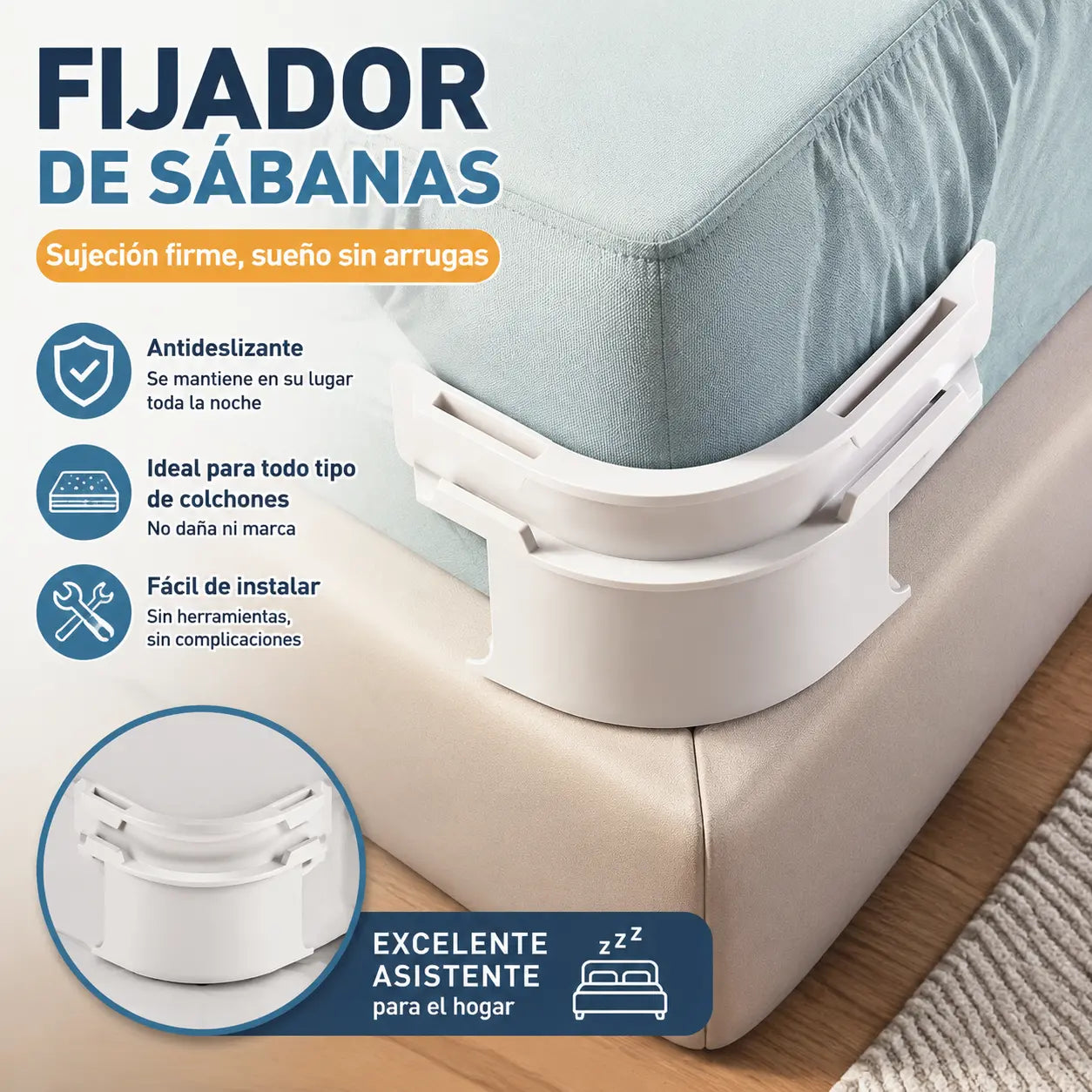 Juego de 4 piezas-28€-Sujetadores de sábanas: clips antideslizantes, invisibles y sin agujas que fijan las sábanas y las sábanas bajeras por las esquinas para evitar que se muevan.