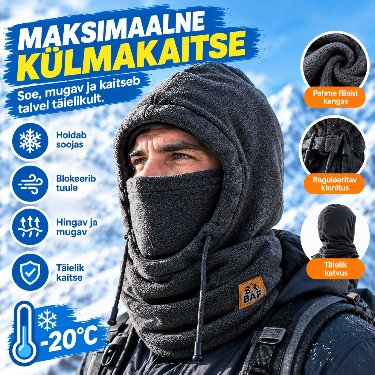 ❄️ Täistermomüts fliisvoodriga, mis hoiab soojas kuni -20 kraadi Celsiuse järgi. ⛷️ Ideaalne suusatamiseks, mootorrattasõiduks ja välitegevusteks.