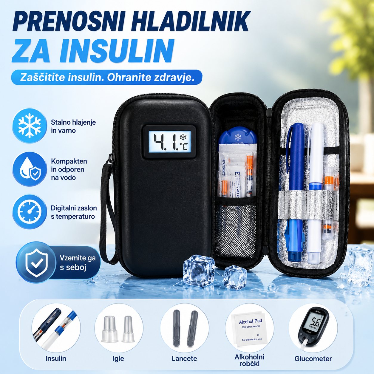 Potovalna hladilna torbica za inzulin s prikazom temperature