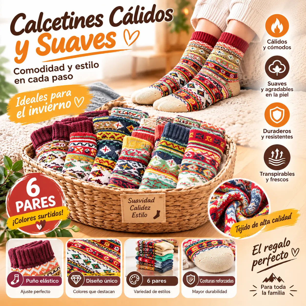 🧦🔥【5 pares】Calcetines de lana gruesos y cálidos de estilo retro para mujer