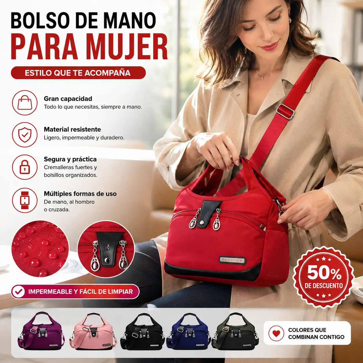 👜 Bolso casual de tela Oxford – 💧ligero, impermeable y con gran capacidad 📦 3 formas de llevarlo: ✋mano, 🦾hombro o 🎒bandolera. 🌟