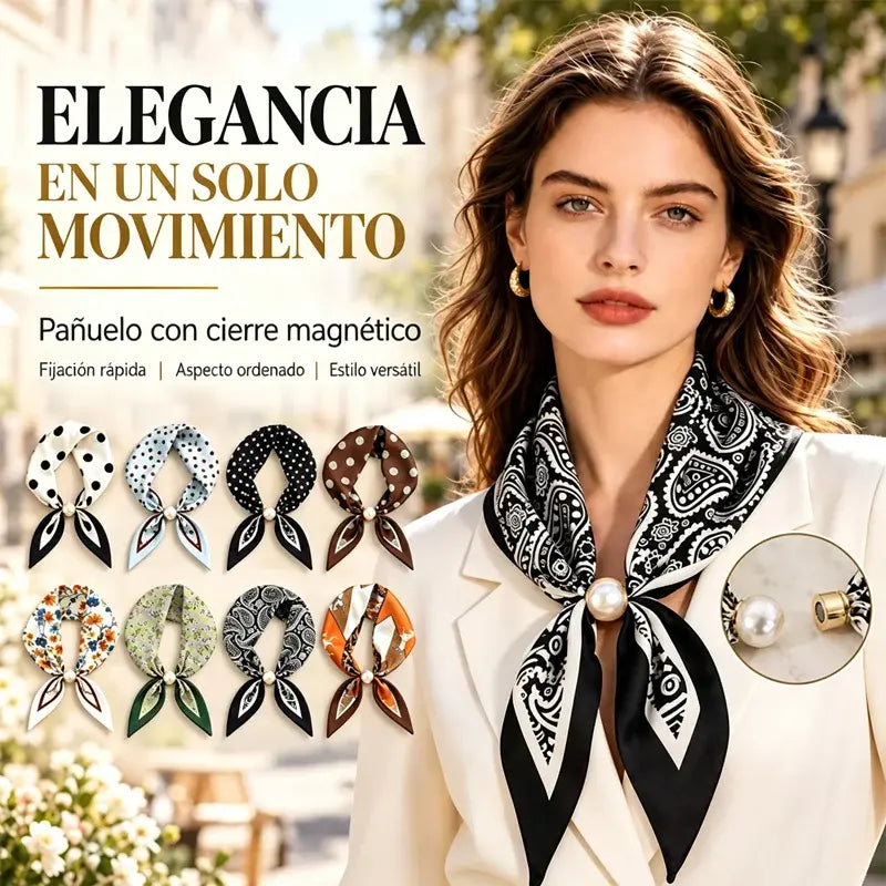 🧣【Juego de 4 piezas】✨ Pañuelo de Seda con Perlas y Cierre Magnético para Mujer | Elegante, Sin Nudos | Varios Estampados 🎀