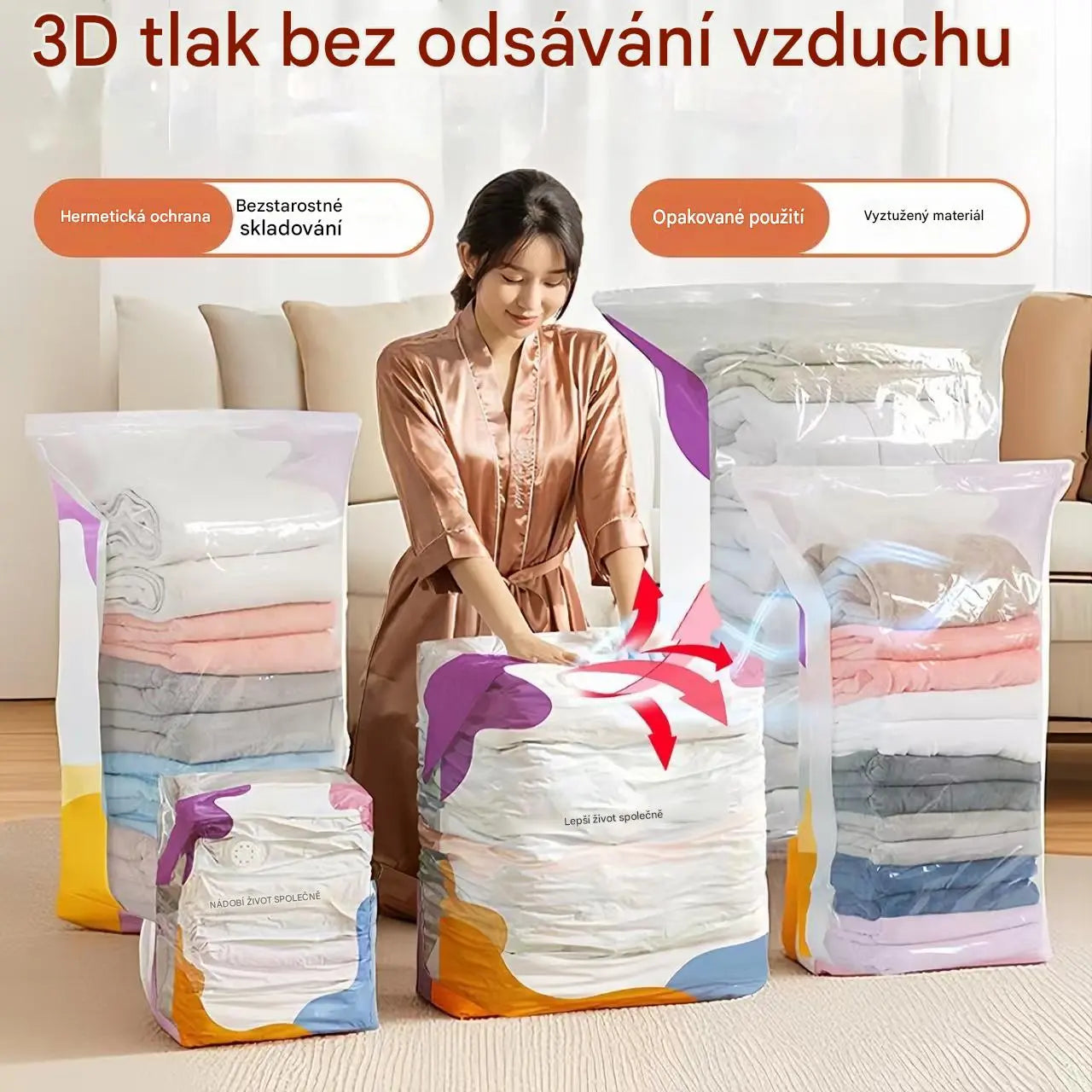 🧳【Sada 5 kusů】💨 Velký, stlačitelný vakuový úložný sáček: není potřeba pumpička, nepropustný a ideální pro úsporu místa v kufrech i doma ✈️