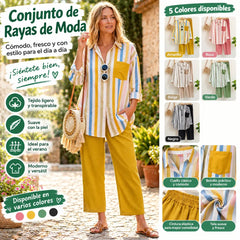 【S-5XL】Nueva conjunto de primavera a rayas, conjunto de dos piezas con mangas largas y pantalones.【Pantalones + Camisa】