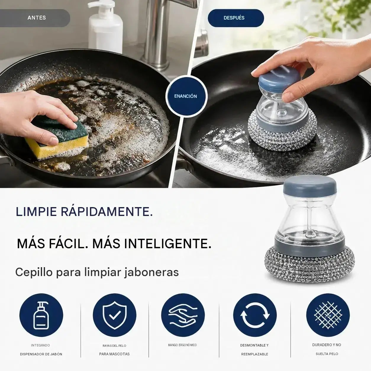 🧽 Cepillo de fregar con dispensador, ¡OFERTA LIMITADA! 💪 Ideal para ollas, sartenes y platos. ¡Limpieza rápida y fácil sin esfuerzo! 🍳