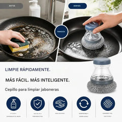 🧽 Cepillo de fregar con dispensador, ¡OFERTA LIMITADA! 💪 Ideal para ollas, sartenes y platos. ¡Limpieza rápida y fácil sin esfuerzo! 🍳