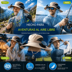 👒Sombrero para el sol con energía solar, doble ventilador, ala ancha transpirable y diseño unisex.
