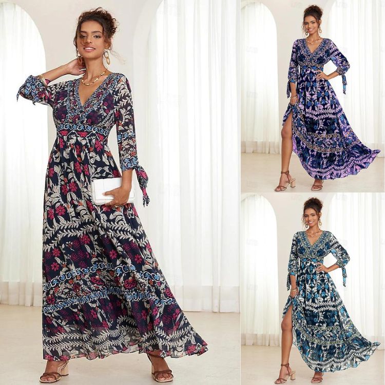 💟【S-5XL】👗Vestido largo con cuello en V y volantes florales para mujer, novedad de verano 2024, estilo bohemio para vacaciones