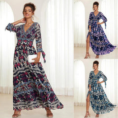💟【S-5XL】👗Vestido largo con cuello en V y volantes florales para mujer, novedad de verano 2024, estilo bohemio para vacaciones