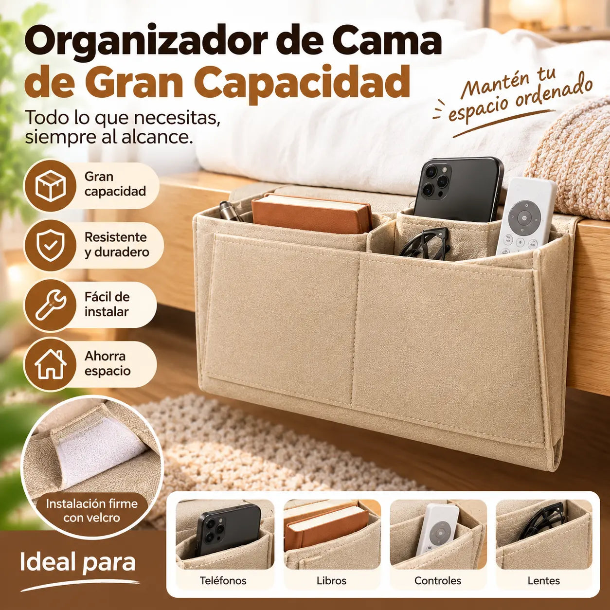 🔥 ¡50% de descuento! 🛏️✨ Organizador colgante para la cama: ten a mano lo esencial.