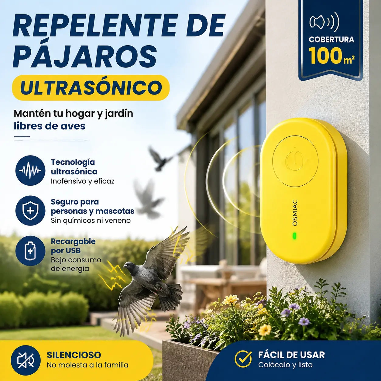 🐦 Přenosný ultrazvukový odpuzovač ptáků | Automatický odpuzovač holubů, ideální na balkony, do zahrad a exteriéru