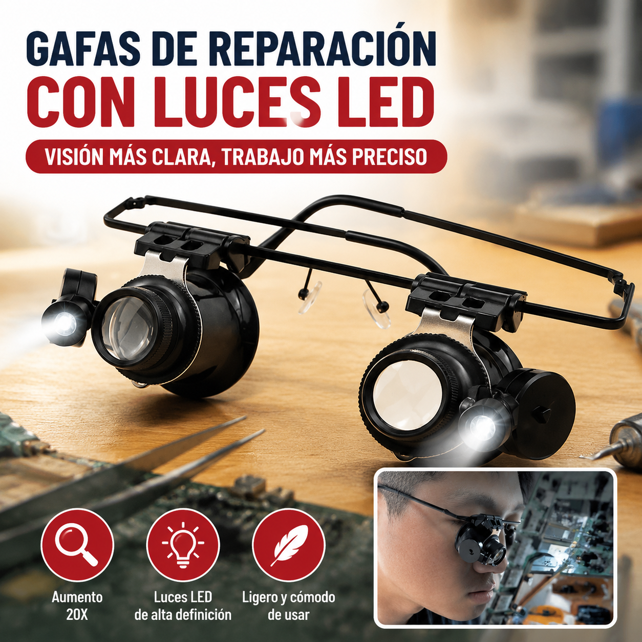 💡👓Gafas de reparación montadas en la cabeza con luces LED, que ofrecen un aumento de alta definición de 20x.