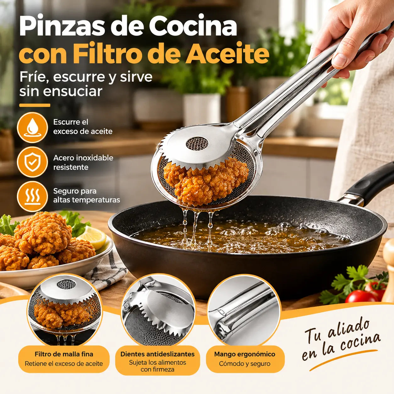 🍳 Pinza Colador 2 en 1 de Acero Inoxidable | Escurridor de Aceite para Freír y Cocinar