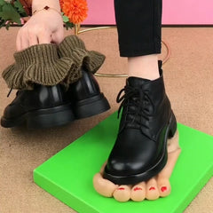 【35-40】Botas martin de piel auténtica para mujer con tacón plano y punta redonda