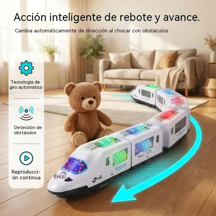 🚄1 piezas 30 euro 🎵 Tren eléctrico de juguete de alta velocidad: se ilumina, cambia de dirección al chocar y reproduce música; luces y sonidos interactivos; navegación inteligente para sortear obstáculos ✨