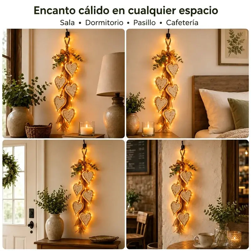 ❤️🔔 Decoración de Pared Colgante en Forma de Corazón con Luces LED, Adorno Rústico para Hogar y Decoración de Pared Interior ✨🏡