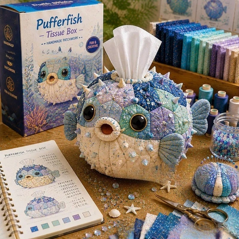 🧵✨ Kit DIY para caja de pañuelos de patchwork – set de costura artesanal con temática marina 🌊🐚