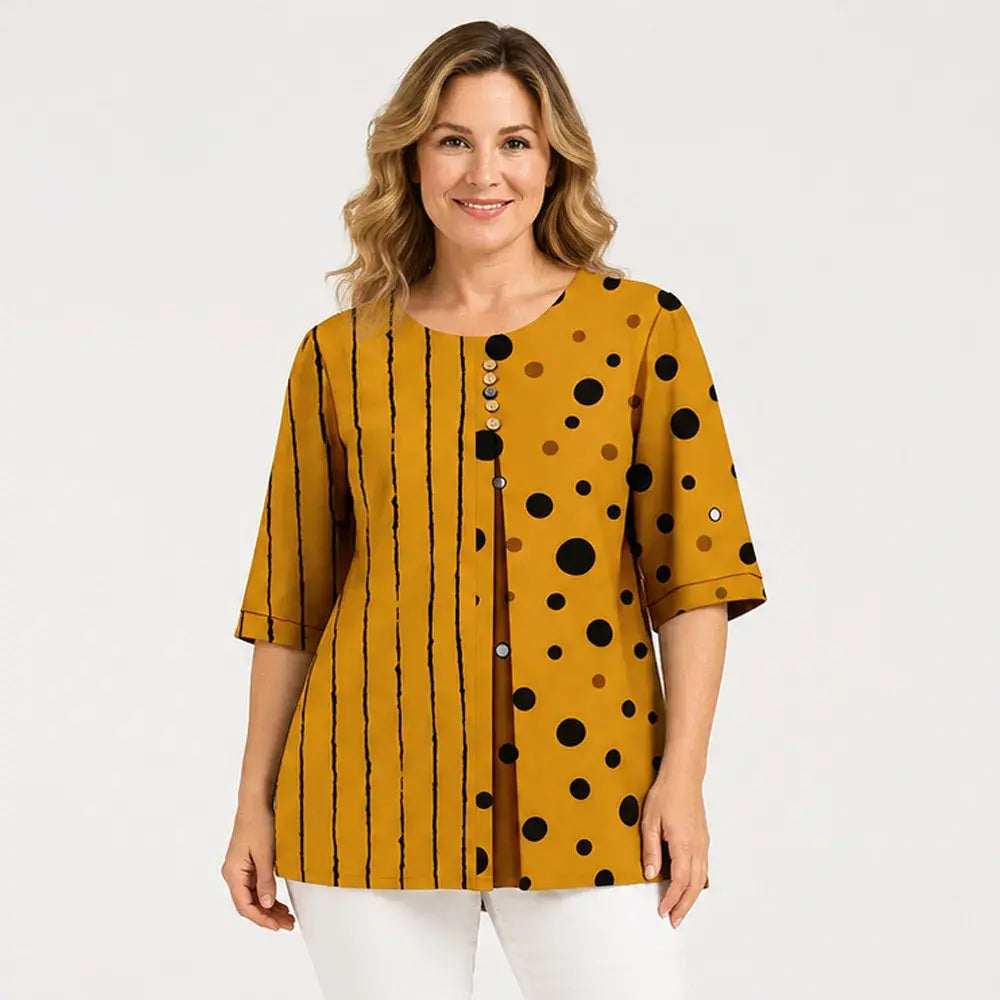 🔥【Oferta por tiempo limitado】【M-5XL】✨Blusa holgada de mujer de manga 3/4 con estampado, cuello redondo, estilo casual y elegante