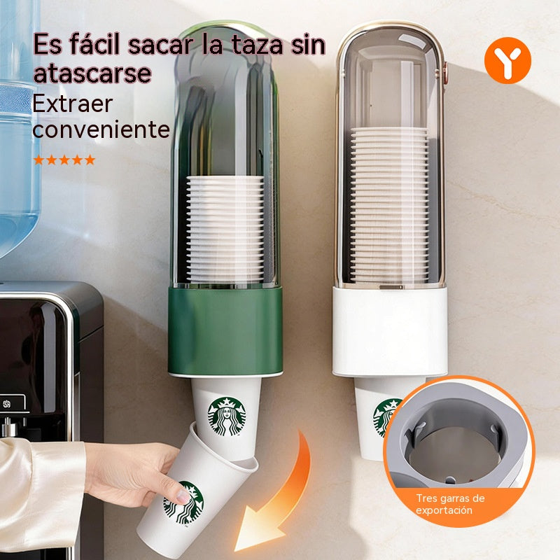 Dispensador de vasos desechables, para montaje en pared en el hogar.