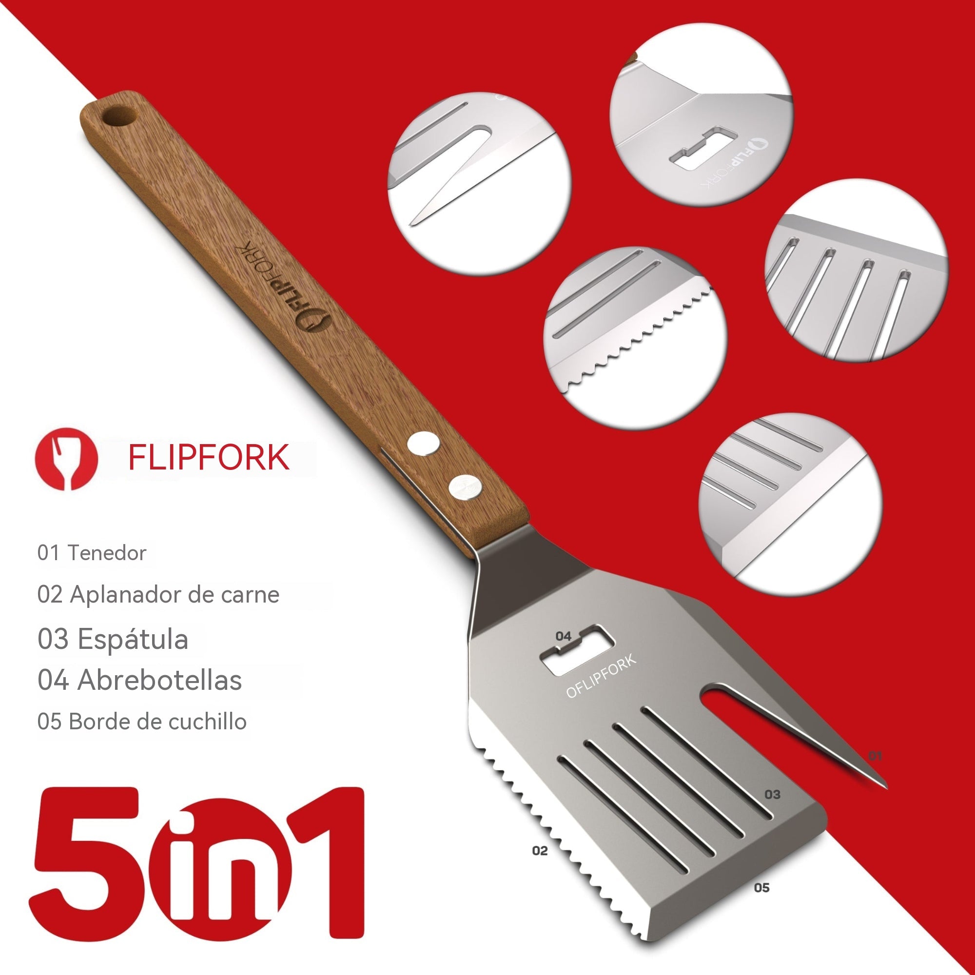 🔥🍖 Recipiente multifuncional 5 en 1 para barbacoa con cuchillo, tenedor y mango de madera.