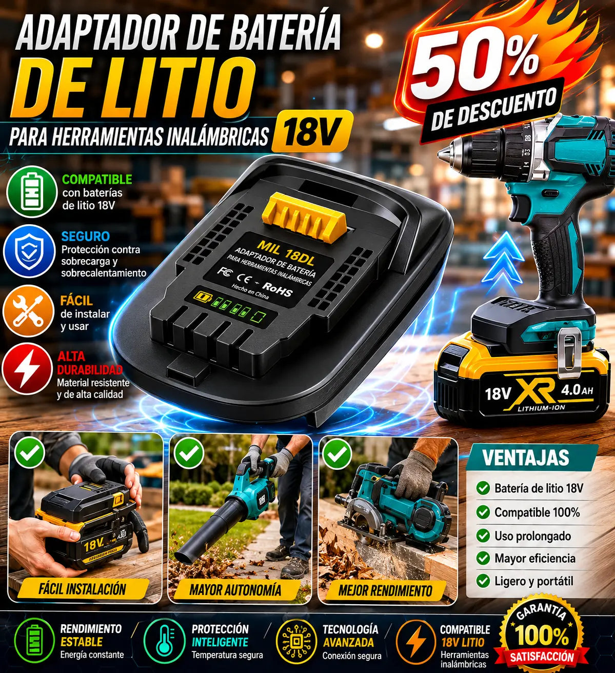 ⚡Adaptador de batería de litio para herramientas de batería de 18 V