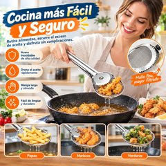 🔥¡Compra 1 y llévate 1 gratis! Filtro y pinzas de acero inoxidable 2 en 1: filtración fina, drena el aceite fácilmente📦