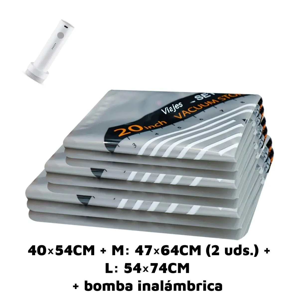 📦 S: 40×54CM + M: 47×64CM (2 uds.) + L: 54×74CM + bomba inalámbrica ⚡Bolsa de compresión al vacío con bomba eléctrica inalámbrica 🔋✨ | Diseño transparente con esquinas redondeadas | Ahorra espacio en segundos