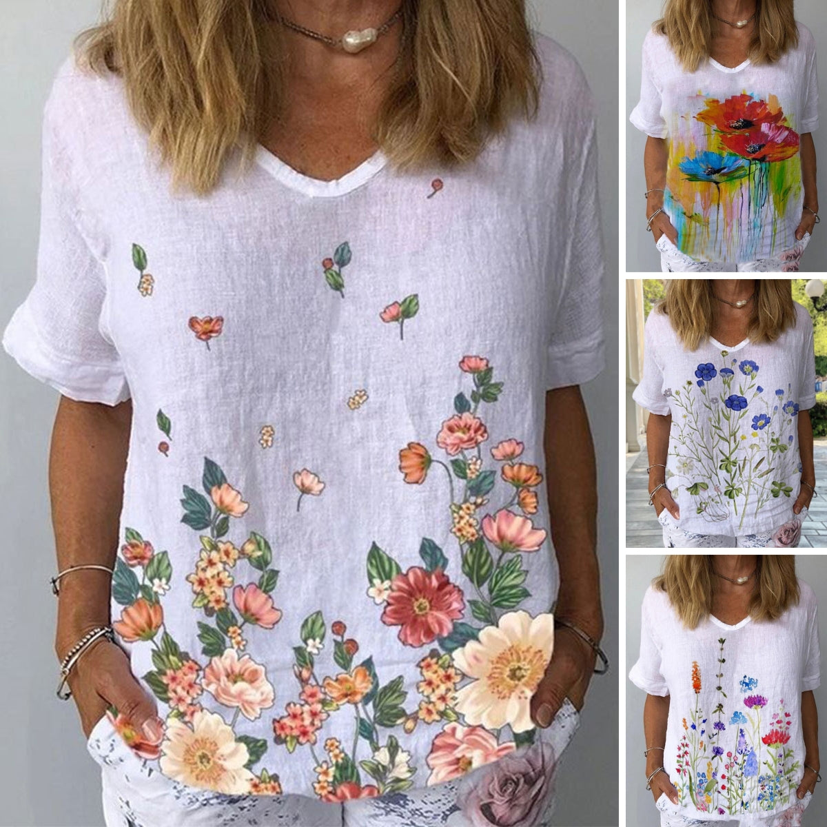 【39%OFF】【S-5XL】🌈Camiseta de manga corta de lino y algodón con estampado floral💐