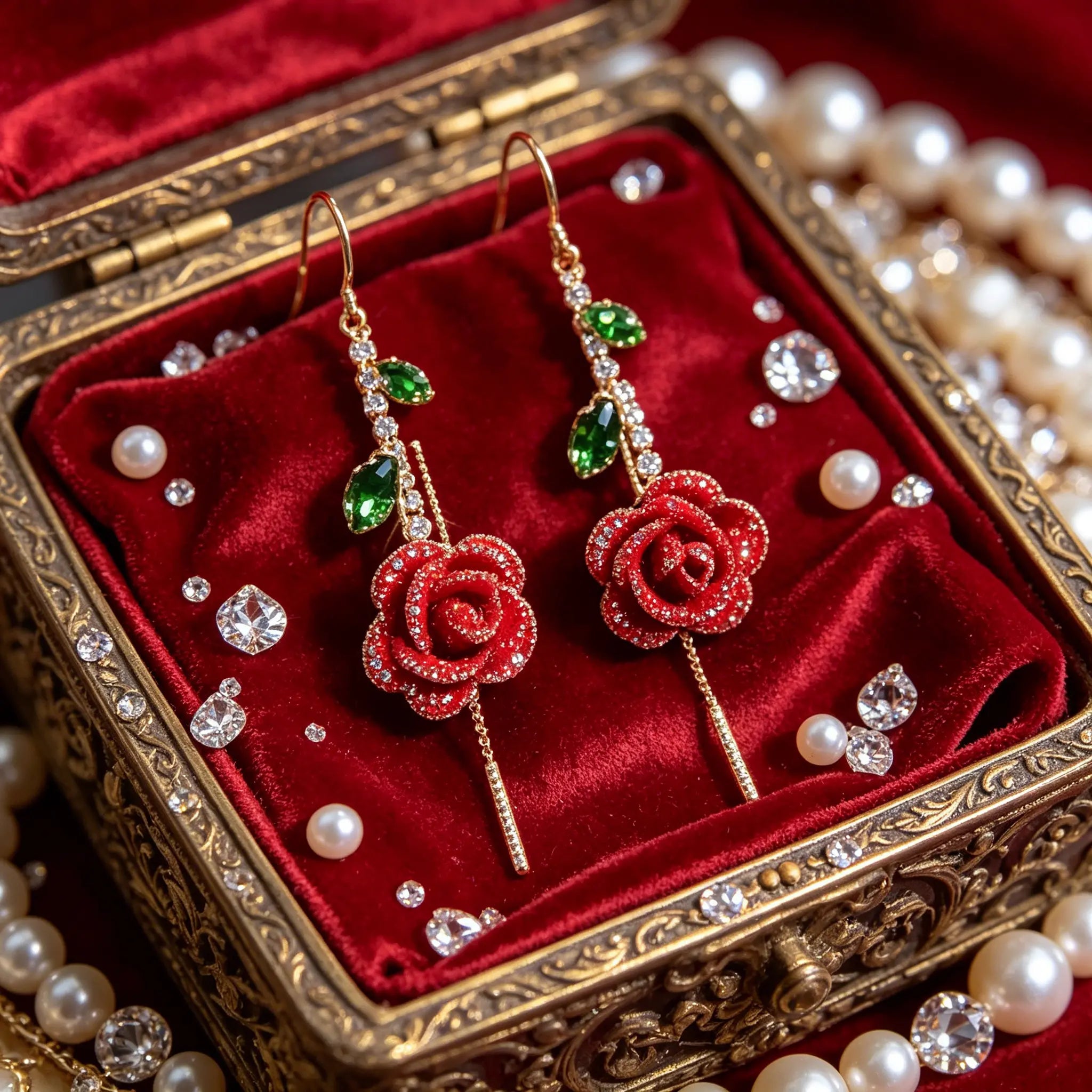 Oferta relámpago【2 pares】Pendientes de rosa roja con tallo de cristal
