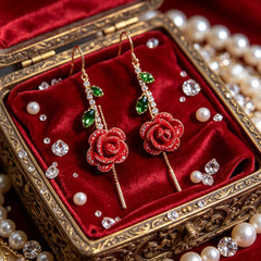 Oferta relámpago【2 pares】Pendientes de rosa roja con tallo de cristal