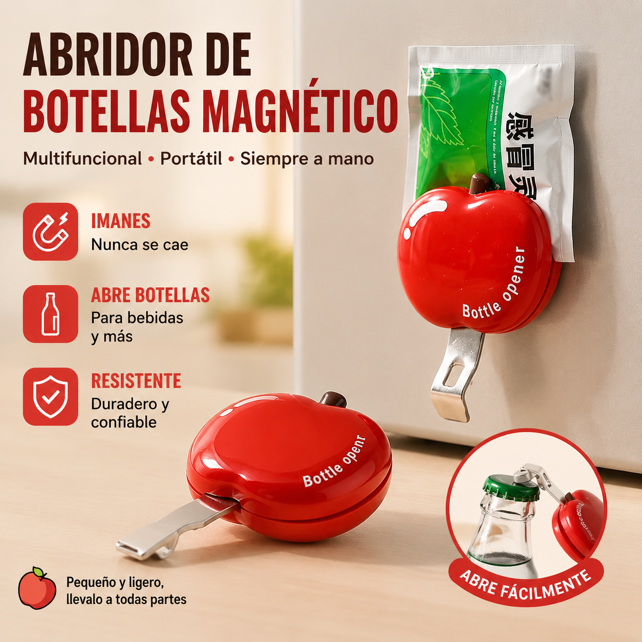 🍎（2 piezas）🍾 Abrebotellas magnético multifuncional con forma de manzana