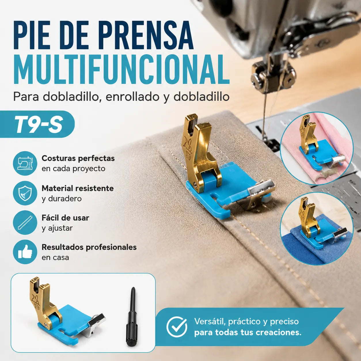 🔥【2 piezas】Prensatelas multifunción T9-S de teflón⚡ Ribeteado/Dobladillo enrollado/Dobladillo plegado