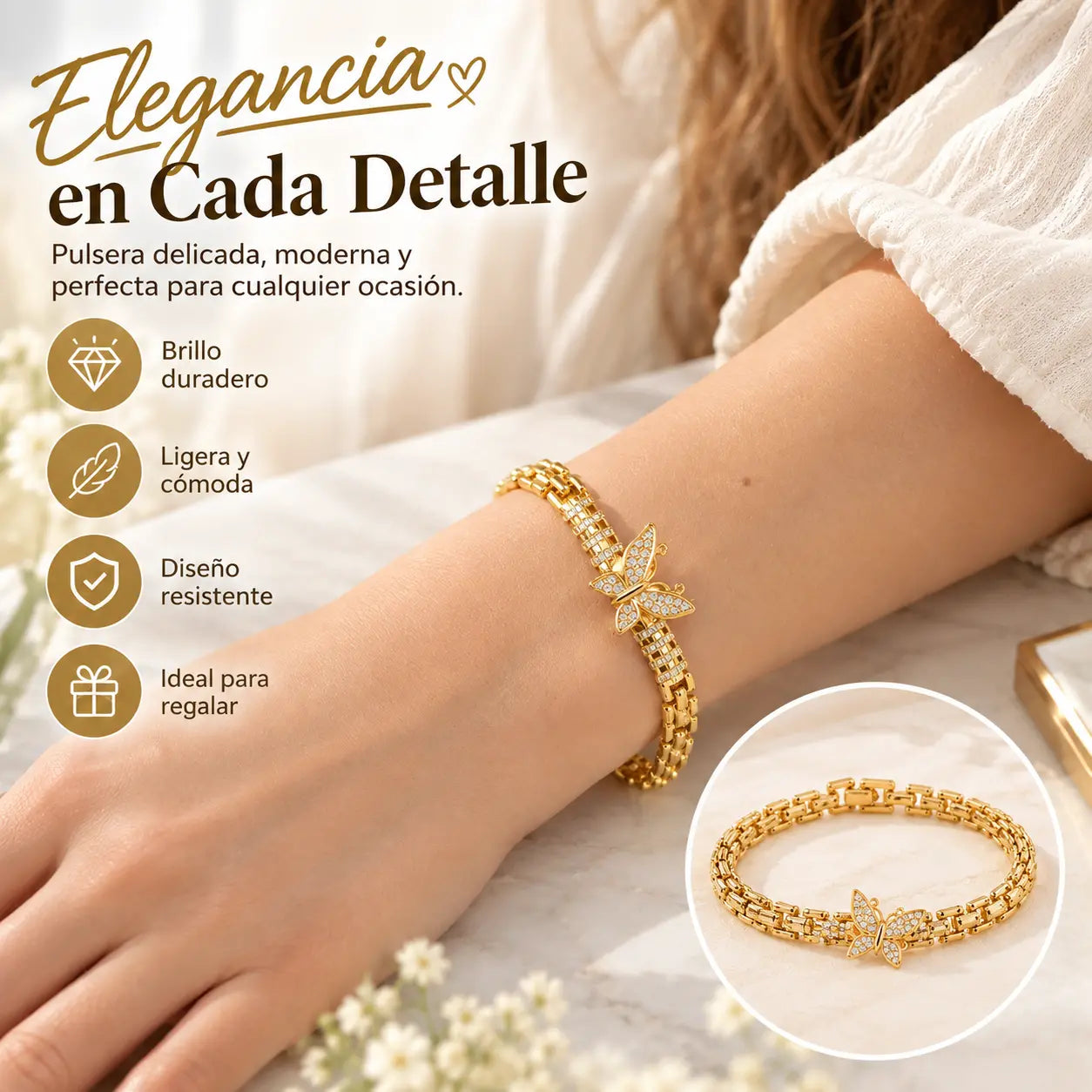 🦋 ¡Ahorra un 50%! ✨ Pulsera de mariposa de oro de 18 quilates: eslabones delicados, acabado elegante ✨